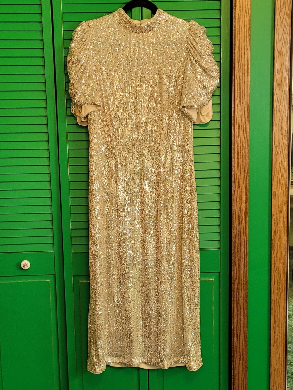 H&M Silver Sequin Maxi Dress with Puff Sleeves
